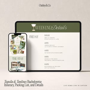 May include: A tablet and smartphone displaying a digital bachelorette weekend itinerary. The screens feature an olive green header with a martini glass icon, the text WEEKEND Details, and a Friday schedule including times and locations.