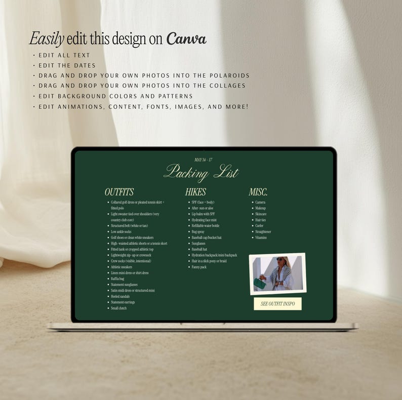 Puede incluir: Una computadora port&aacute;til muestra una plantilla de lista de empaque verde oscuro con encabezados para atuendos, caminatas y art&iacute;culos varios. El texto "Easily edit this design on Canva" est&aacute; en la parte superior, con instrucciones de edici&oacute;n. Se incluye una foto peque&ntilde;a.