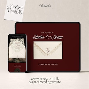 May include: A digital wedding website template displayed on a tablet and smartphone. The dark red interface features the text "The Wedding of Emilia & Jovan" and "Open Envelope to Begin" with an ivory envelope graphic and the initials "EJ".