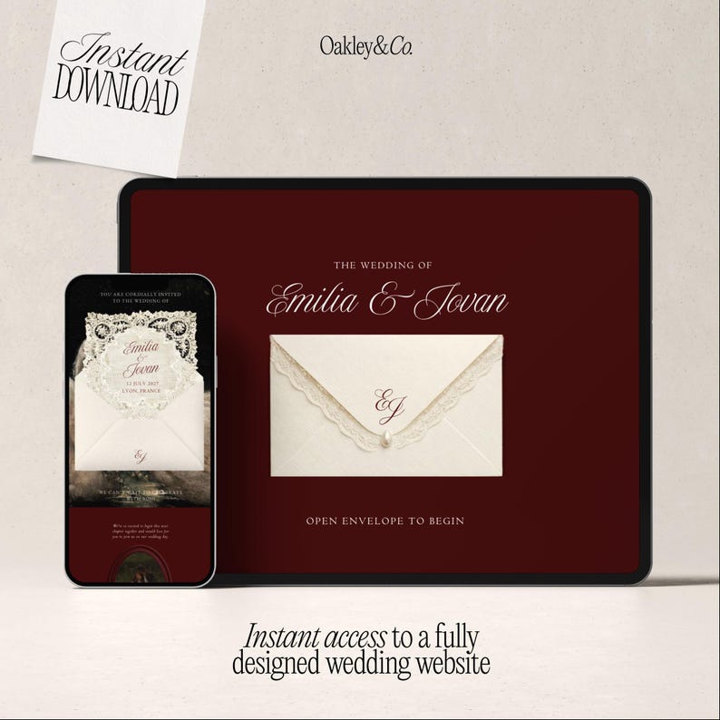 May include: A digital wedding website template displayed on a tablet and smartphone. The dark red interface features the text "The Wedding of Emilia & Jovan" and "Open Envelope to Begin" with an ivory envelope graphic and the initials "EJ".