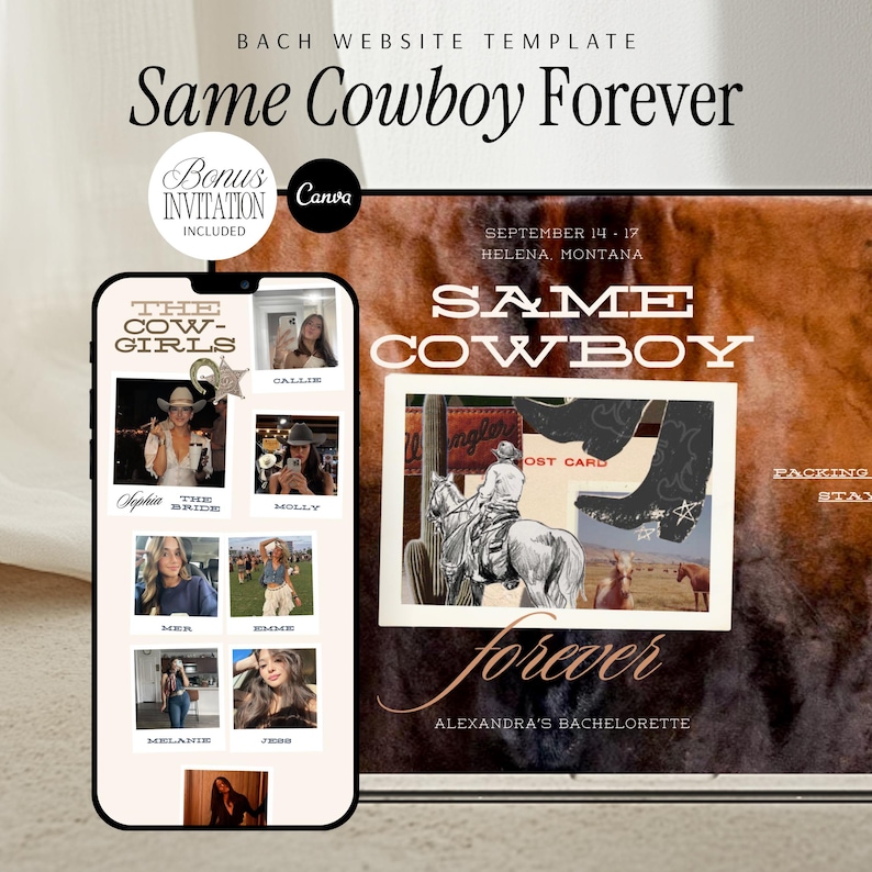 Bachelorette Website Template Canva Editable Digital Download Western Cowboy Theme Design Brown Leather Texture Pattern Matching Invitation Included Custom Event Details Section Photo Gallery Display Nashville Bach Trip Planning Scottsdale