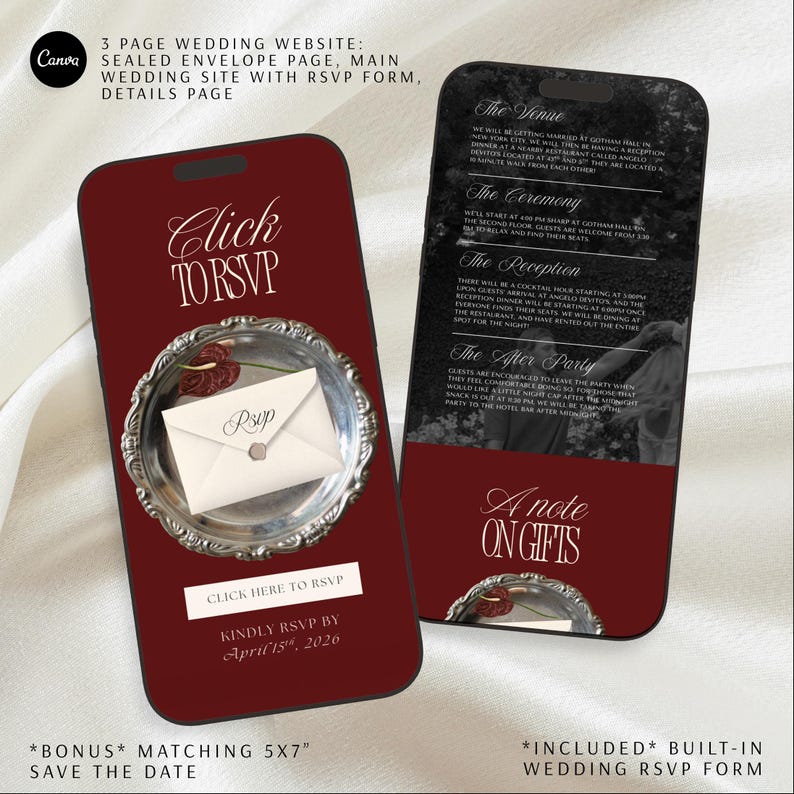 Digital Wedding Invitation Template Canva Website Design Burgundy Cream Theme Elegant RSVP Form Integration Save Date Card Matching Engagement Gift Digital Bridal Shower Present Idea DIY Wedding Planning Tool Custom Template Package Three