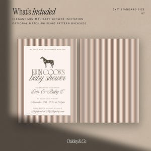 Puede incluir: Un juego de invitaciones para baby shower con fondo crema y rayas finas marrones. La invitaci&oacute;n incluye el texto "Erin Cooks baby shower" y los detalles del evento. El juego incluye un reverso con estampado de cuadros a juego. Tama&ntilde;o 12,7 x 17,8 cm.