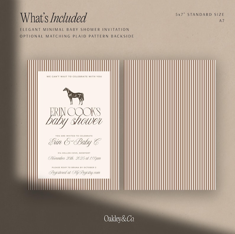 Puede incluir: Un juego de invitaciones para baby shower con fondo crema y rayas finas marrones. La invitaci&oacute;n incluye el texto "Erin Cooks baby shower" y los detalles del evento. El juego incluye un reverso con estampado de cuadros a juego. Tama&ntilde;o 12,7 x 17,8 cm.