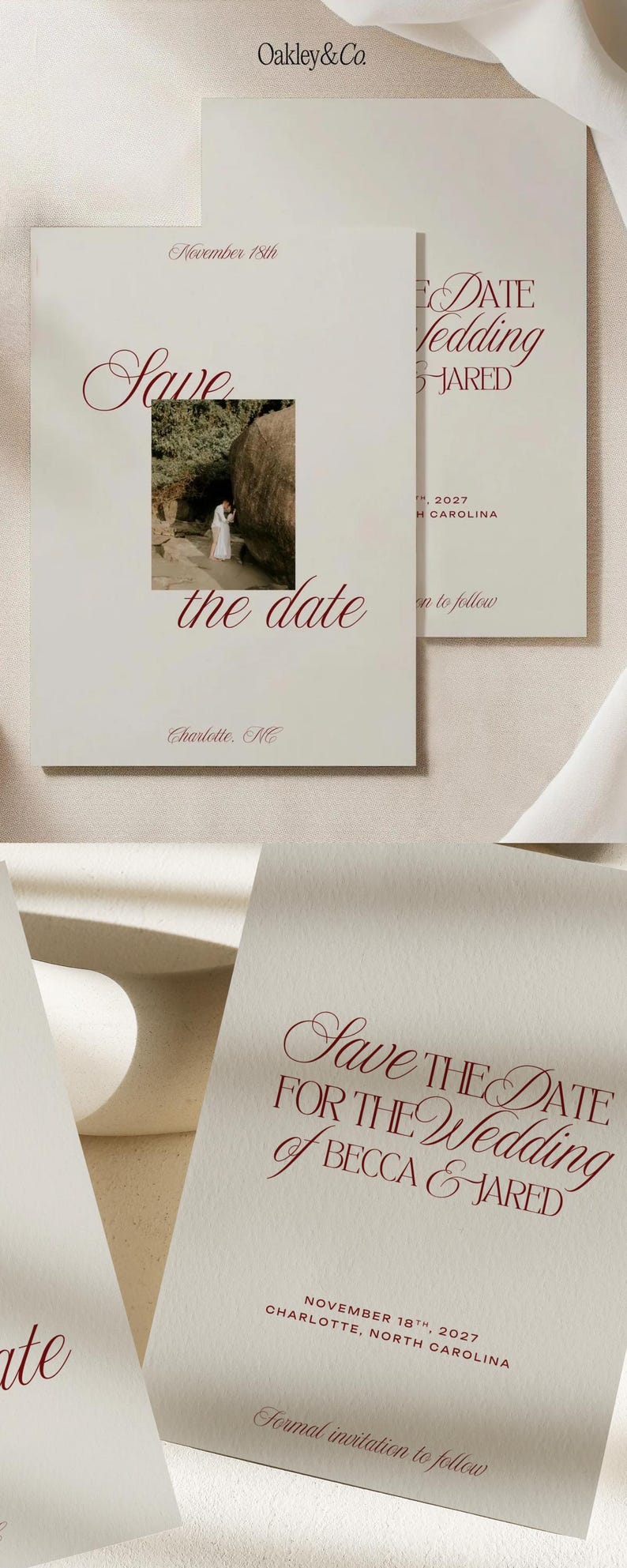 May include: Off-white save the date cards with dark red serif typography. One card features a square photograph of a couple near a large rock, with the text "Save the date", "November 18th", and "Charlotte, NC". Another card reads "Save the date for the wedding of Becca & Jared, November 18th, 2027, Charlotte, North Carolina, formal invitation to follow".