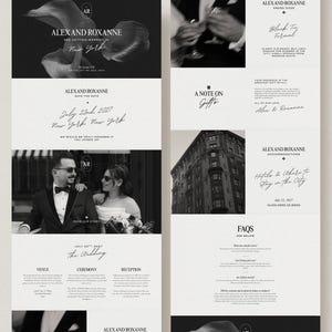 Modern Minimalist Wedding Design Black White Luxe Elegant Clean Classy Canva Template Digital Website Customizable Mobile Responsive Save Date Card Included Instant Download PDF Delivery DIY Planning Essential Perfect Engagement Gift
