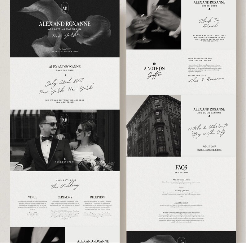 Modern Minimalist Wedding Design Black White Luxe Elegant Clean Classy Canva Template Digital Website Customizable Mobile Responsive Save Date Card Included Instant Download PDF Delivery DIY Planning Essential Perfect Engagement Gift