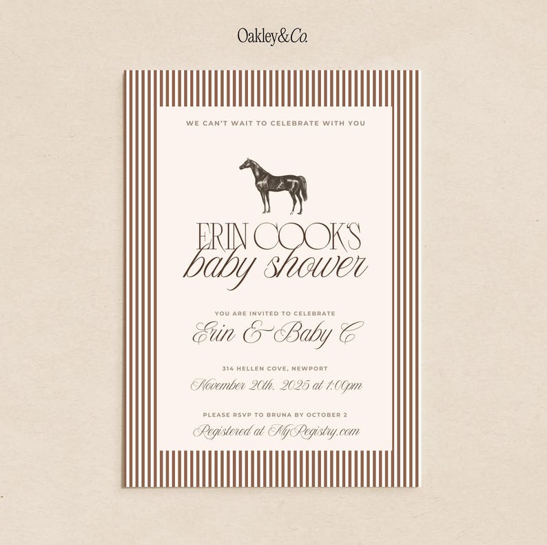 Puede incluir: Invitaci&oacute;n a un baby shower con fondo crema y rayas verticales marrones. La invitaci&oacute;n presenta una ilustraci&oacute;n de un caballo y el texto "Erin Cook's baby shower". Se incluyen detalles del evento e informaci&oacute;n de RSVP.