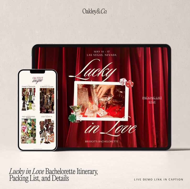 May include: A digital display with the text "Lucky in Love" and "Bridgit's Bachelorette" against a red curtain backdrop. A smartphone displays outfit inspiration. The itinerary includes a packing list and details for a Las Vegas event.