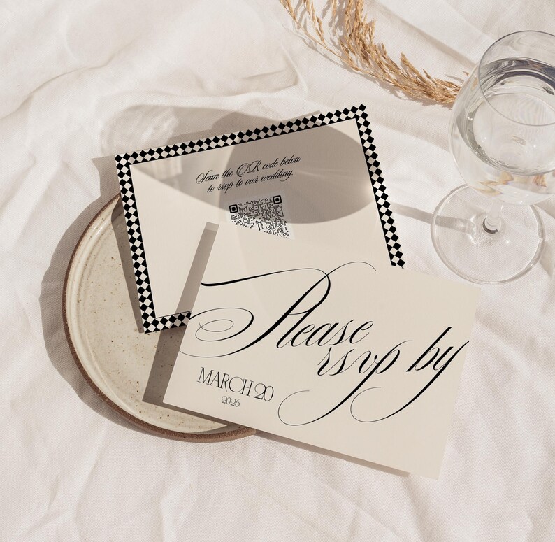 Hochzeitseinladungsvorlage (Canva, bearbeitbar) – Set in Schwarz-Weiß – Zeitlose Kalligrafie – Schlicht, elegant, romantisch, klassisch Bild 6