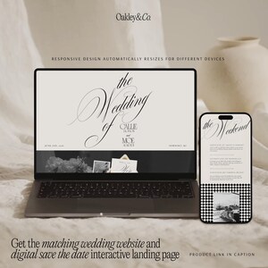 K&ouml;nnte beinhalten: Ein Laptop und ein Smartphone mit dem Design einer Hochzeitswebsite. Der Bildschirm zeigt den Text The Wedding of Callie Jackson and Moe Al-Mouli mit Datum und Ort. Das Telefon zeigt einen Wochenendplan und ein schwarz-wei&szlig;es Schachbrettmuster.