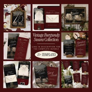 May include: A collection of wedding stationery templates featuring a vintage burgundy and dark swan theme. The set includes table numbers, menus, bar signs, guest book cards, and invitation mockups with elegant white script text on dark backgrounds.