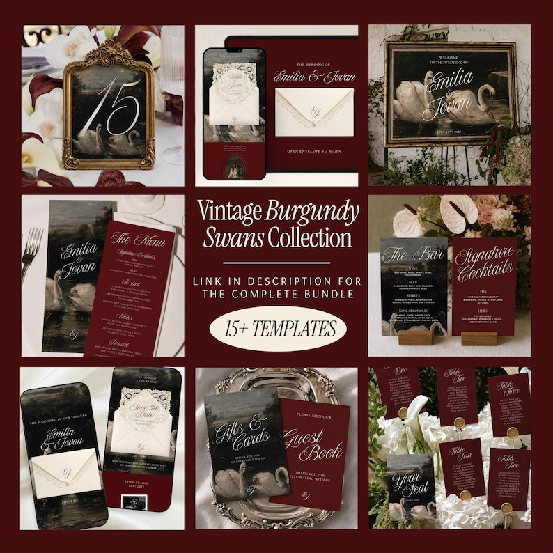 May include: A collection of wedding stationery templates featuring a vintage burgundy and dark swan theme. The set includes table numbers, menus, bar signs, guest book cards, and invitation mockups with elegant white script text on dark backgrounds.