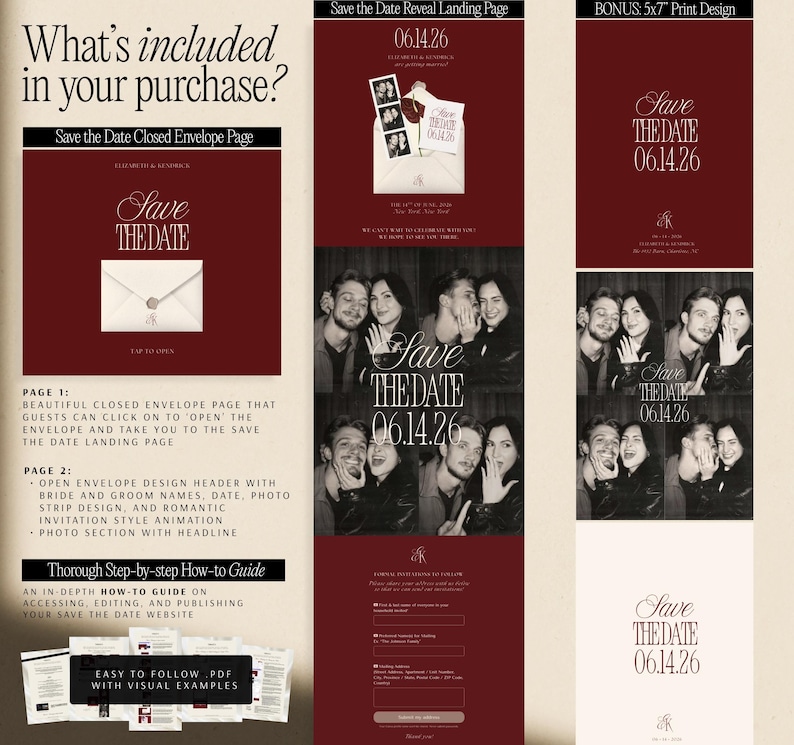 Modern Minimalist Wedding Website Burgundy Floral Design Template Save The Date Invitation Luxury Elegant Old Money Aesthetic Built In RSVP Form Mobile Responsive Canva Customizable Template Digital Download Complete Wedding Planning