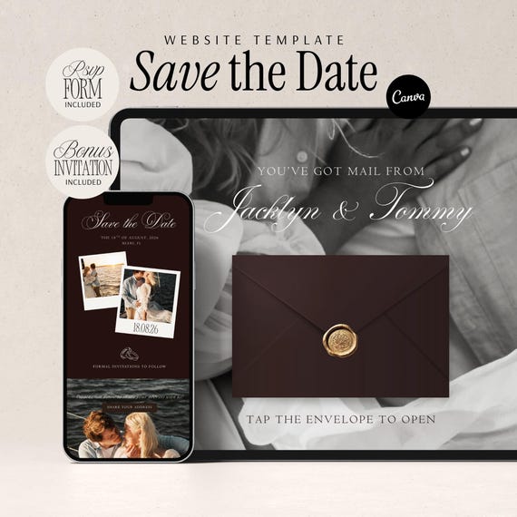 Chocolate Brown Envelope Save the Date Website Template: Minimalist DIY Wedding Website (Digital Download)
