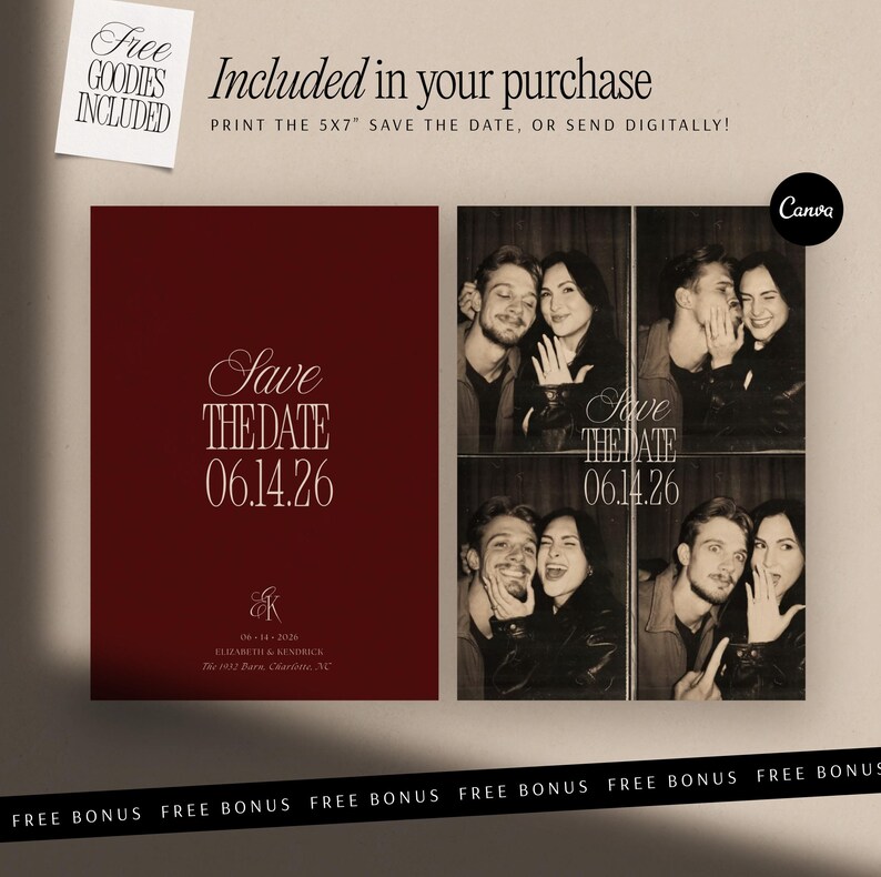 Save Date Template Burgundy Cream Design Wedding Website Canva Package Digital Invitation RSVP Form Builder Three Page Site Layout Engagement Gift Digital Bridal Shower Present Perfect DIY Wedding Planning Custom Photo Display Template