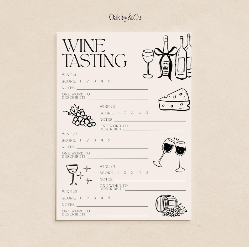 Wine Tasting Scorecard Printable Template Canva Download Digital File Girls Night Activity Cocktail Party Planning Elegant Event Entertainment Old Money Aesthetic Coquette Style Rating System Notes Section Hand Drawn Illustrations Wine