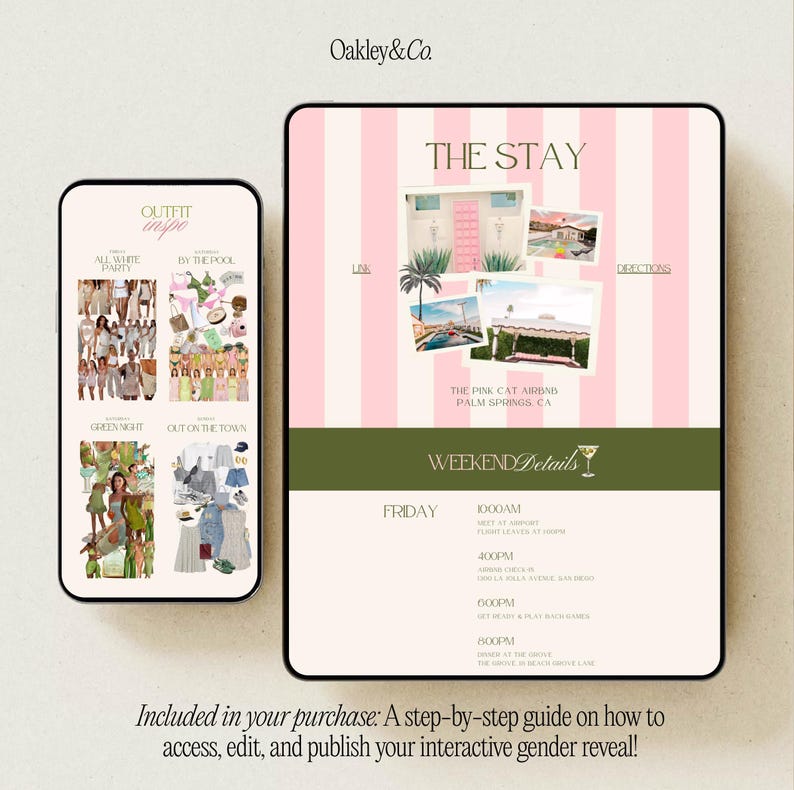 May include: A digital itinerary template by Oakley & Co. featuring a pink and white striped background. The layout includes a mobile phone display showing outfit inspiration and a tablet screen detailing The Stay at The Pink Cat Airbnb in Palm Springs.