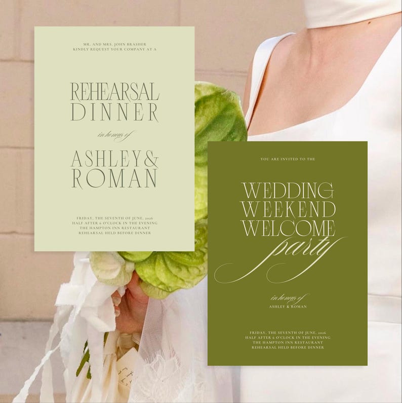 Wedding Weekend Event Invitation Template Green Botanical Design Rehearsal Dinner Card Printable Canva Editable Format Digital Download Welcome Party Invite Custom Bridal Stationery Garden Theme Elegant Typography Olive Cream Colors Instant