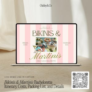Weekend Getaway Planner Bachelorette Party Website Canva Template Digital Download Editable Pages Itinerary Organizer Packing List Accommodation Guide Preppy Pink Green Theme Bikini Martini Design Attendees Block Tracker Outfit Inspiration