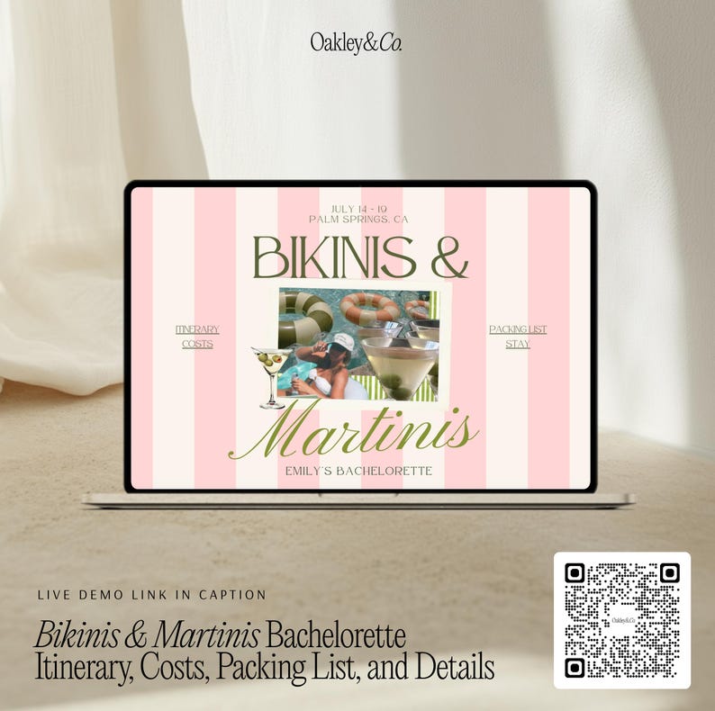 Weekend Getaway Planner Bachelorette Party Website Canva Template Digital Download Editable Pages Itinerary Organizer Packing List Accommodation Guide Preppy Pink Green Theme Bikini Martini Design Attendees Block Tracker Outfit Inspiration
