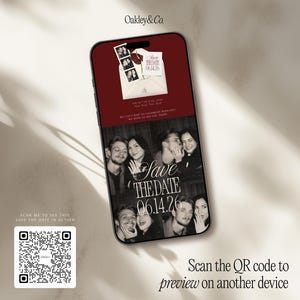 May include: A smartphone displaying a digital Save the Date invitation with a deep red background, featuring a photo strip, an envelope graphic, and the text Save the Date 06.14.26. A QR code is positioned in the lower left corner for previewing.