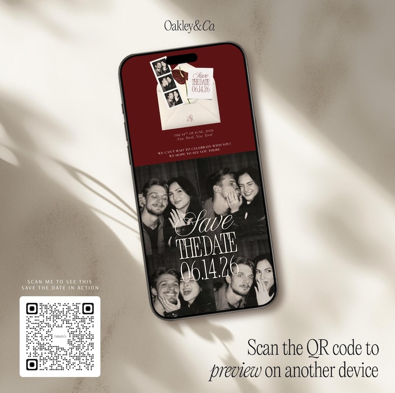 May include: A smartphone displaying a digital Save the Date invitation with a deep red background, featuring a photo strip, an envelope graphic, and the text Save the Date 06.14.26. A QR code is positioned in the lower left corner for previewing.