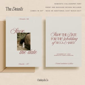 Canva Template Editable Design Save The Date Card Printable Wedding Announcement 5x7 Simple Minimal Engagement Card Burgundy Script Text Cream Textured Background Photo Space Included Instant Download PDF DIY Custom Wedding Planning Elegant