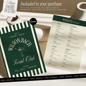 Puede incluir: Una invitaci&oacute;n y un itinerario de despedida de soltera en verde oscuro y blanco. La invitaci&oacute;n dice "Wilson Bach Social Club" e incluye el texto "Scottsdale, Arizona". El itinerario enumera los detalles del fin de semana. La imagen tambi&eacute;n incluye el texto "Free Goodies Included."