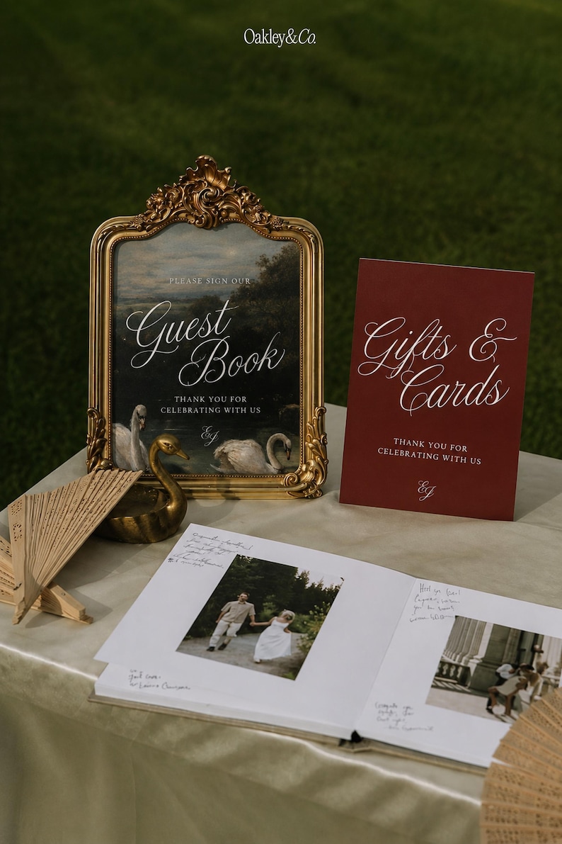 Wedding Guest Book Sign Editable Template Burgundy Wedding Signs Swans Oil Painting Design Gifts Cards Sign Collection Digital Download Printable Reception Signage Customizable Canva Template Set Romantic Vintage Style Script Typography