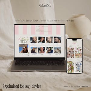 May include: A laptop and a smartphone displaying a digital event invitation website with pink and white stripes. The screen shows the text "the Cheeky TINIS" and "Emily THE BRIDE" alongside photos of people and outfit inspiration collages.