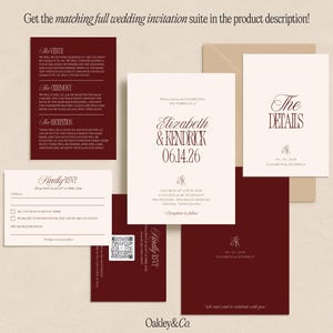 May include: A wedding invitation suite featuring deep burgundy and cream-colored cards with elegant serif typography. The set includes a main invitation, RSVP card, details card, and information card, all displaying the names Elizabeth and Kendrick.
