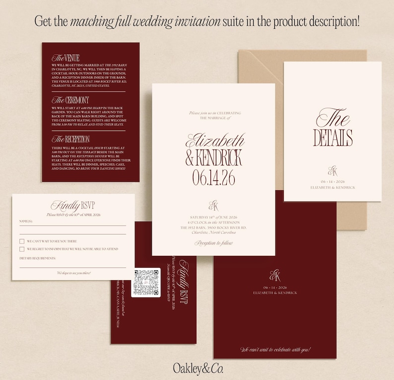May include: A wedding invitation suite featuring deep burgundy and cream-colored cards with elegant serif typography. The set includes a main invitation, RSVP card, details card, and information card, all displaying the names Elizabeth and Kendrick.