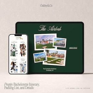 Puede incluir: Una pantalla digital de un itinerario de despedida de soltera preppy. La pantalla muestra fotos de una casa, ideas de atuendos y una lista de empaque. El texto dice "The Airbnb" y "The Scottsdale Club House, Scottsdale, AZ."