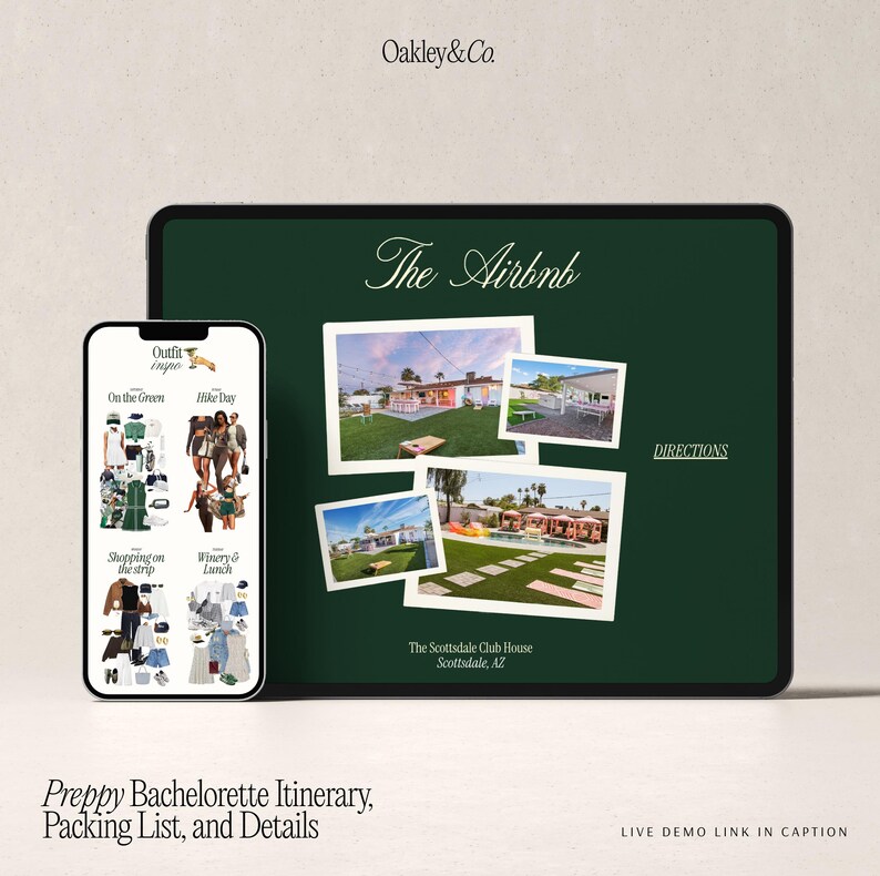 Puede incluir: Una pantalla digital de un itinerario de despedida de soltera preppy. La pantalla muestra fotos de una casa, ideas de atuendos y una lista de empaque. El texto dice "The Airbnb" y "The Scottsdale Club House, Scottsdale, AZ."
