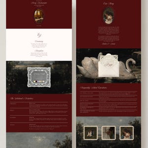 Wedding Website Template Canva Editable Format Swan Oil Painting Design Burgundy Cream Color Scheme Lace Details Classic Romance Vintage Theme Animated Envelope RSVP Collection Four Page Layout Guest Information Display DIY Planning