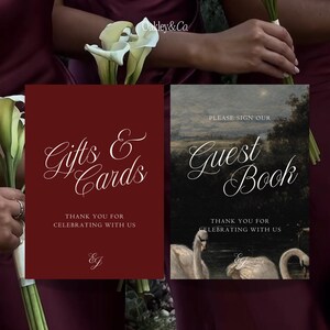 Digital Download Wedding Signs Editable Burgundy Template Collection Guest Book Sign Design Gifts Cards Signage Set Swans Oil Painting Artwork Customizable Canva Template Printable Reception Romantic Vintage Style Script Typography Classic