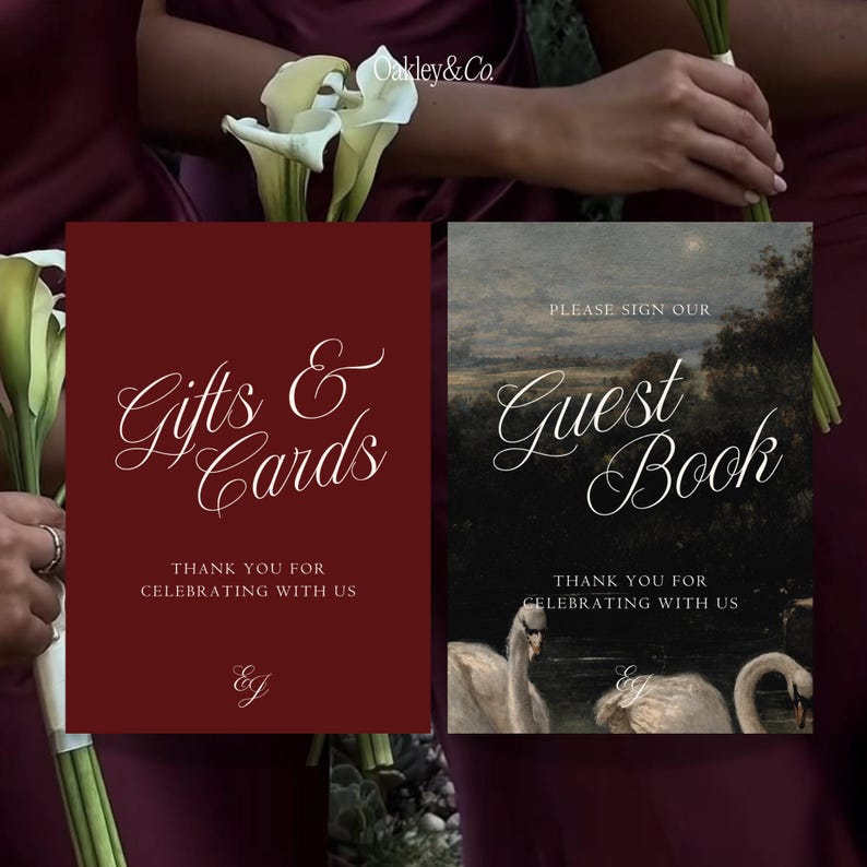 Digital Download Wedding Signs Editable Burgundy Template Collection Guest Book Sign Design Gifts Cards Signage Set Swans Oil Painting Artwork Customizable Canva Template Printable Reception Romantic Vintage Style Script Typography Classic