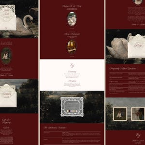 May include: A digital wedding invitation suite template featuring a deep burgundy background, ornate white laser-cut envelope designs, and swan imagery. The layout includes sections for ceremony details, RSVP, registry, and frequently asked questions with elegant typography.