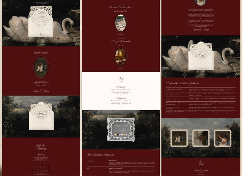 May include: A digital wedding invitation suite template featuring a deep burgundy background, ornate white laser-cut envelope designs, and swan imagery. The layout includes sections for ceremony details, RSVP, registry, and frequently asked questions with elegant typography.