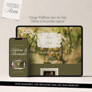 Pode incluir: Um tablet e um smartphone exibindo um convite de casamento digital Save the Date com fundo de flores silvestres, molduras brancas ornamentadas e o texto Adelina & Alexander, 18 de maio de 2027, Glenshire, Inglaterra, e You have mail from.