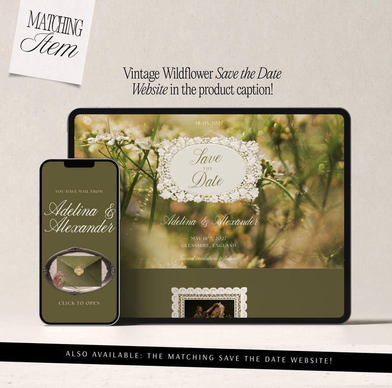 Pode incluir: Um tablet e um smartphone exibindo um convite de casamento digital Save the Date com fundo de flores silvestres, molduras brancas ornamentadas e o texto Adelina & Alexander, 18 de maio de 2027, Glenshire, Inglaterra, e You have mail from.