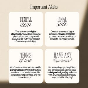 May include: A digital information graphic titled Important Notes with four sections: Digital item, Final sale, Terms of use, and Have any Questions? The text explains this is an instant digital download, final sale, for personal use only, and contact info.