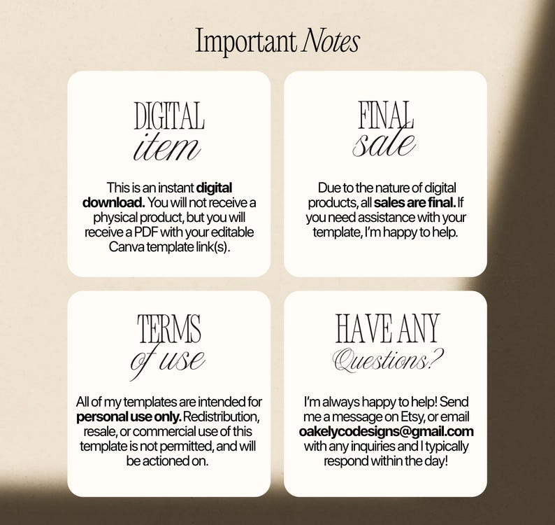 May include: A digital information graphic titled Important Notes with four sections: Digital item, Final sale, Terms of use, and Have any Questions? The text explains this is an instant digital download, final sale, for personal use only, and contact info.