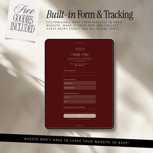 May include: A digital tablet displaying a dark red RSVP form with white text. The screen shows fields for full name, attendance status, and guest information. Text on the screen includes "Kindly Rsvp" and "Built-in Form & Tracking" at the top.