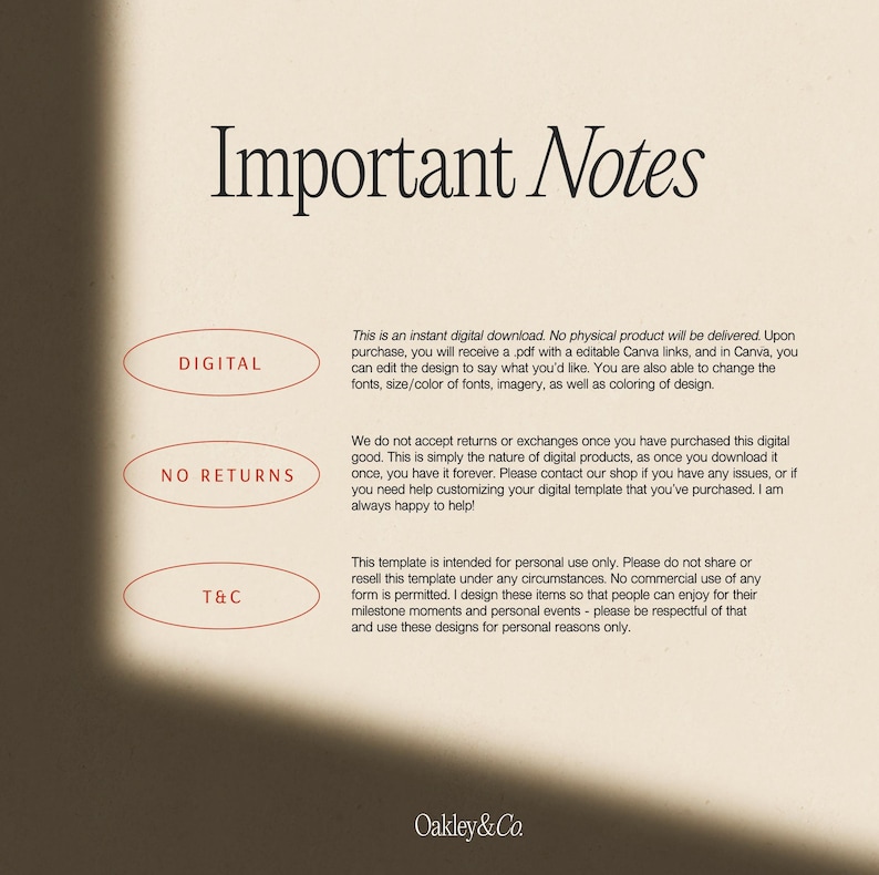 May include: A digital download announcement with the text "Important Notes" in a stylish font. The image includes text about digital downloads, returns, and terms and conditions. The Oakley & Co. logo is at the bottom.