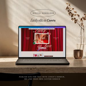 May include: A laptop displays a website template with the text "Lucky in Love" and "Easily edit on Canva." The website design features a red curtain backdrop and casino-themed elements. A vase with dried stems and a small brown pot are on the right.