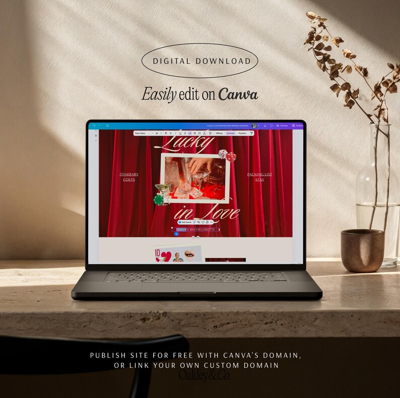 May include: A laptop displays a website template with the text "Lucky in Love" and "Easily edit on Canva." The website design features a red curtain backdrop and casino-themed elements. A vase with dried stems and a small brown pot are on the right.