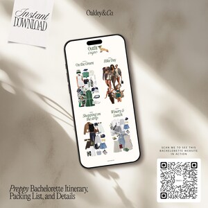 Puede incluir: Un tel&eacute;fono inteligente muestra un itinerario de despedida de soltera preppy con ideas de atuendos para diversas actividades. La pantalla muestra im&aacute;genes de ropa y accesorios para eventos como una caminata y compras. La imagen incluye el texto "Instant Download" y un c&oacute;digo QR.