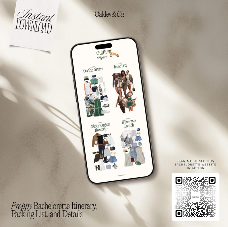 Puede incluir: Un tel&eacute;fono inteligente muestra un itinerario de despedida de soltera preppy con ideas de atuendos para diversas actividades. La pantalla muestra im&aacute;genes de ropa y accesorios para eventos como una caminata y compras. La imagen incluye el texto "Instant Download" y un c&oacute;digo QR.